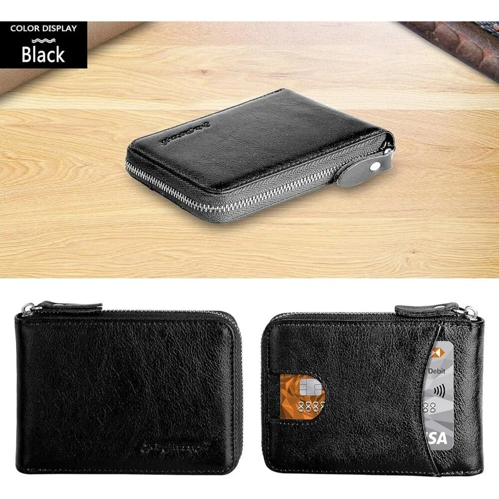 Men's Leather Black Bifold Beautiful Small Wallets Credit Card Zipper Around